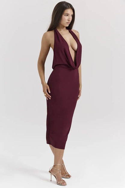 Florentina Merlot Draped Midi Dress