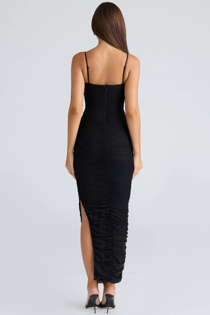 Fornarina Black Gathered Stretch Mesh Maxi Dress