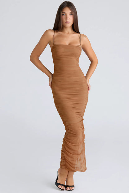 Fornarina Tan Gathered Stretch Mesh Maxi Dress
