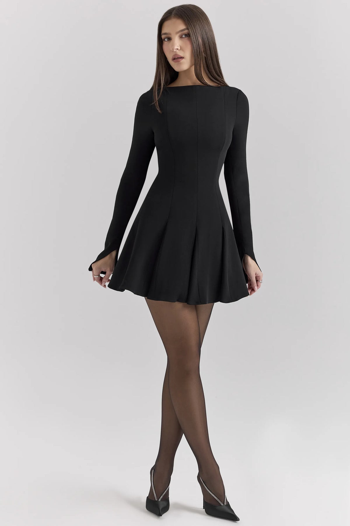 Francesca Black Stretch Crepe Godet Mini Dress