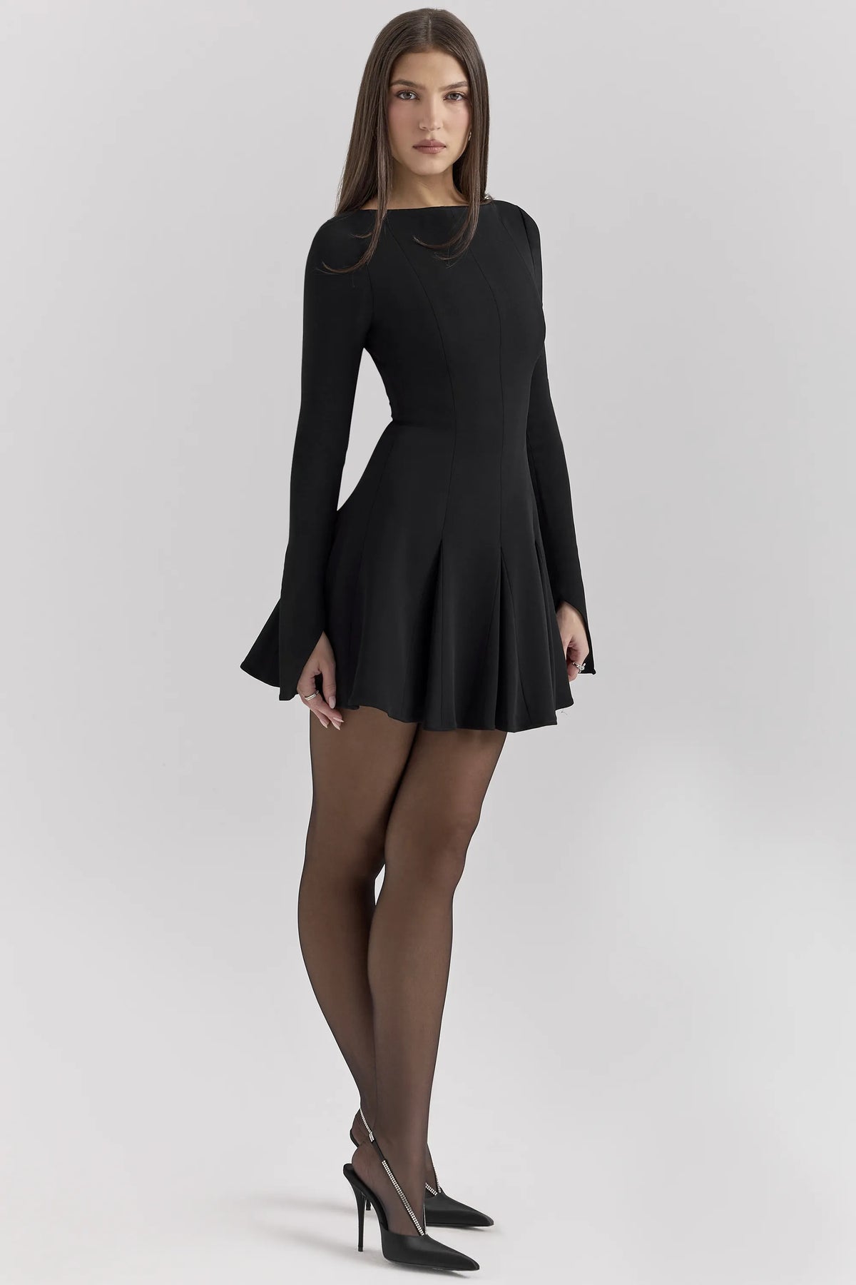 Francesca Black Stretch Crepe Godet Mini Dress