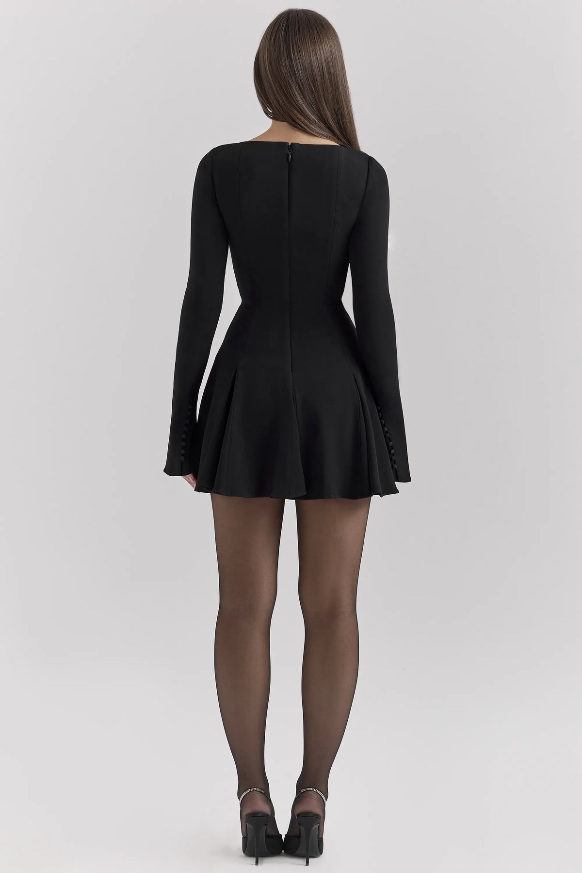 Francesca Black Stretch Crepe Godet Mini Dress