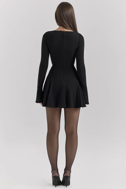 Francesca Black Stretch Crepe Godet Mini Dress