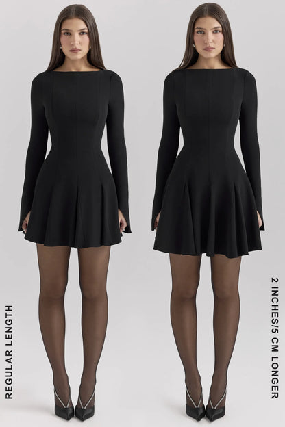 Francesca Black Stretch Crepe Godet Mini Dress