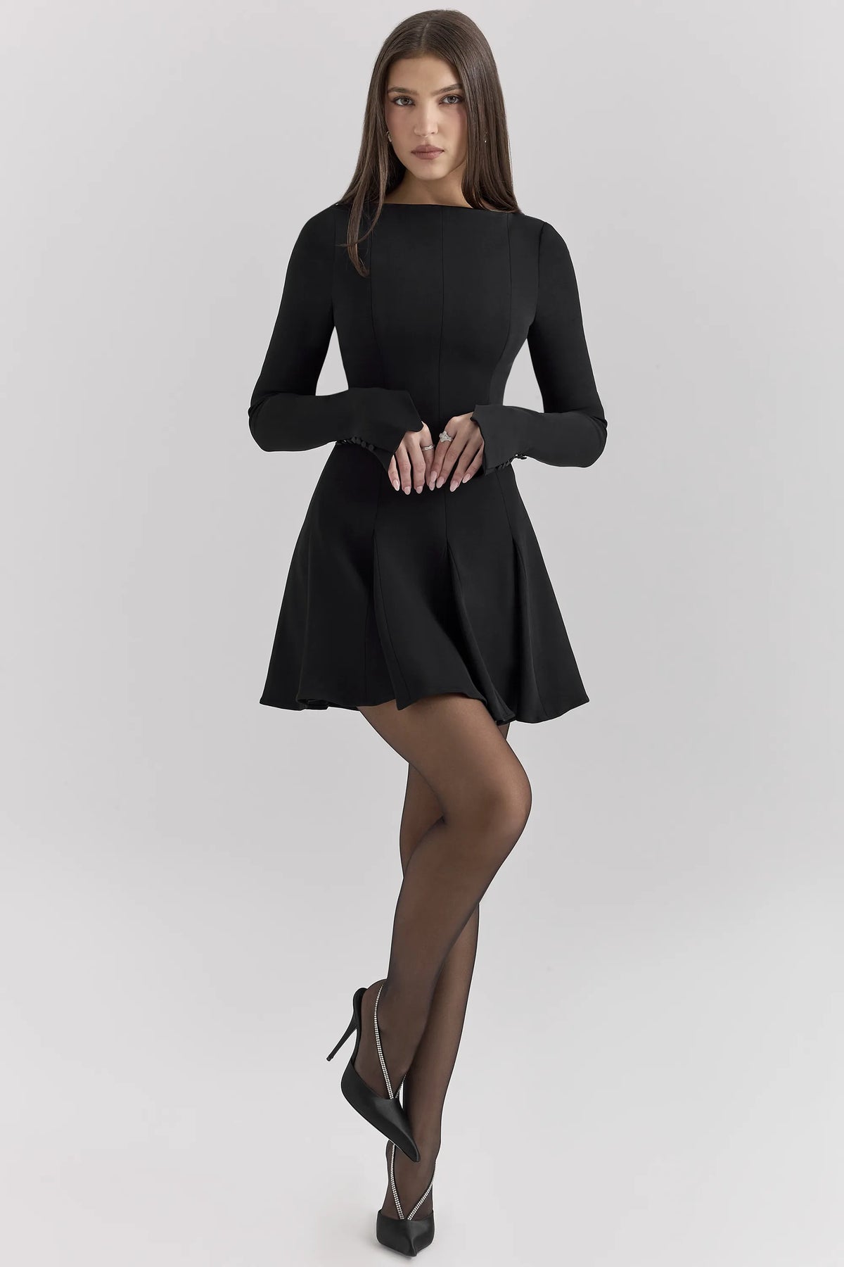 Francesca Black Stretch Crepe Godet Mini Dress