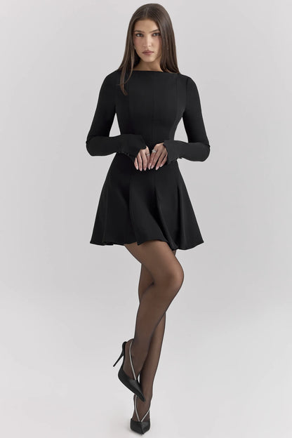 Francesca Black Stretch Crepe Godet Mini Dress