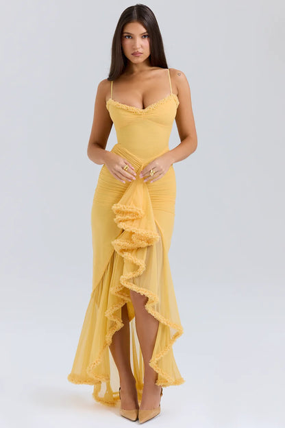 Gabbi Apricot Ruffled Front Gown