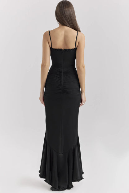 Gabbi Black Mesh Ruffled Front Gown