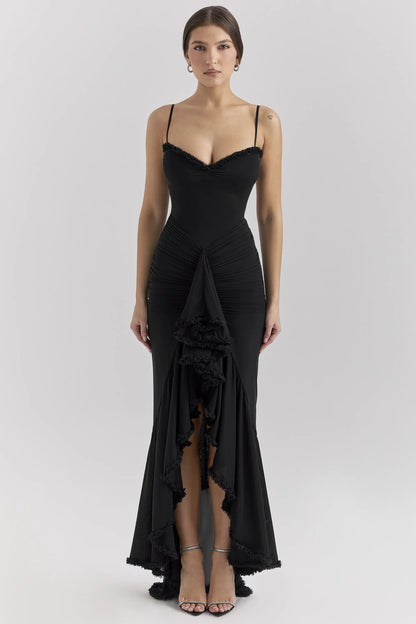 Gabbi Black Mesh Ruffled Front Gown