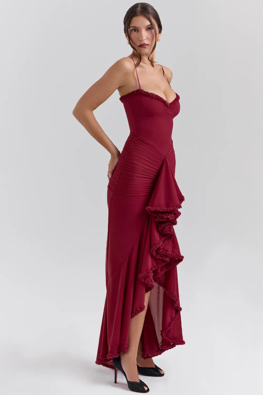 Gabbi Wine Ruffled Front Gown
