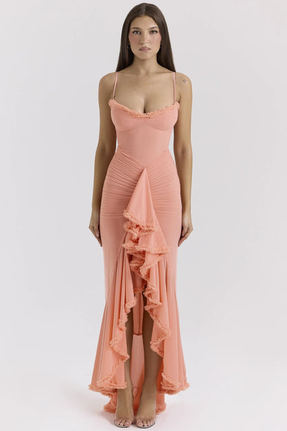 Gabbi Peach Mesh Ruffled Front Gown