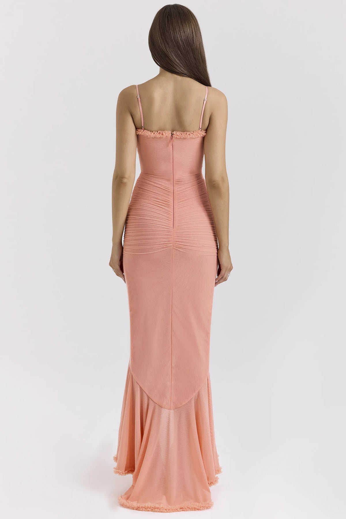 Gabbi Peach Mesh Ruffled Front Gown