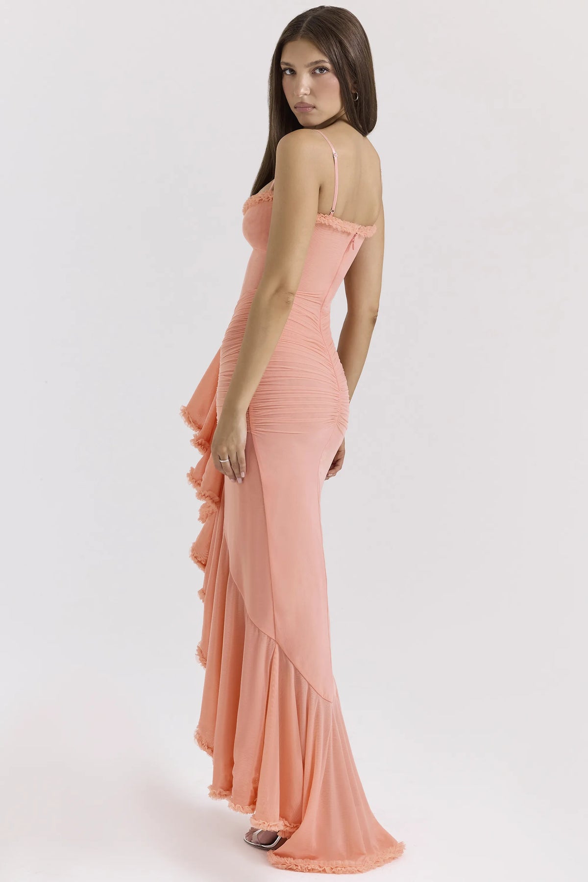 Gabbi Peach Mesh Ruffled Front Gown