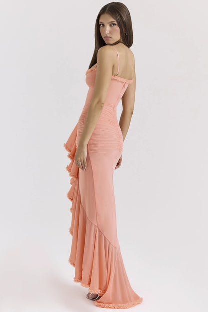 Gabbi Peach Mesh Ruffled Front Gown