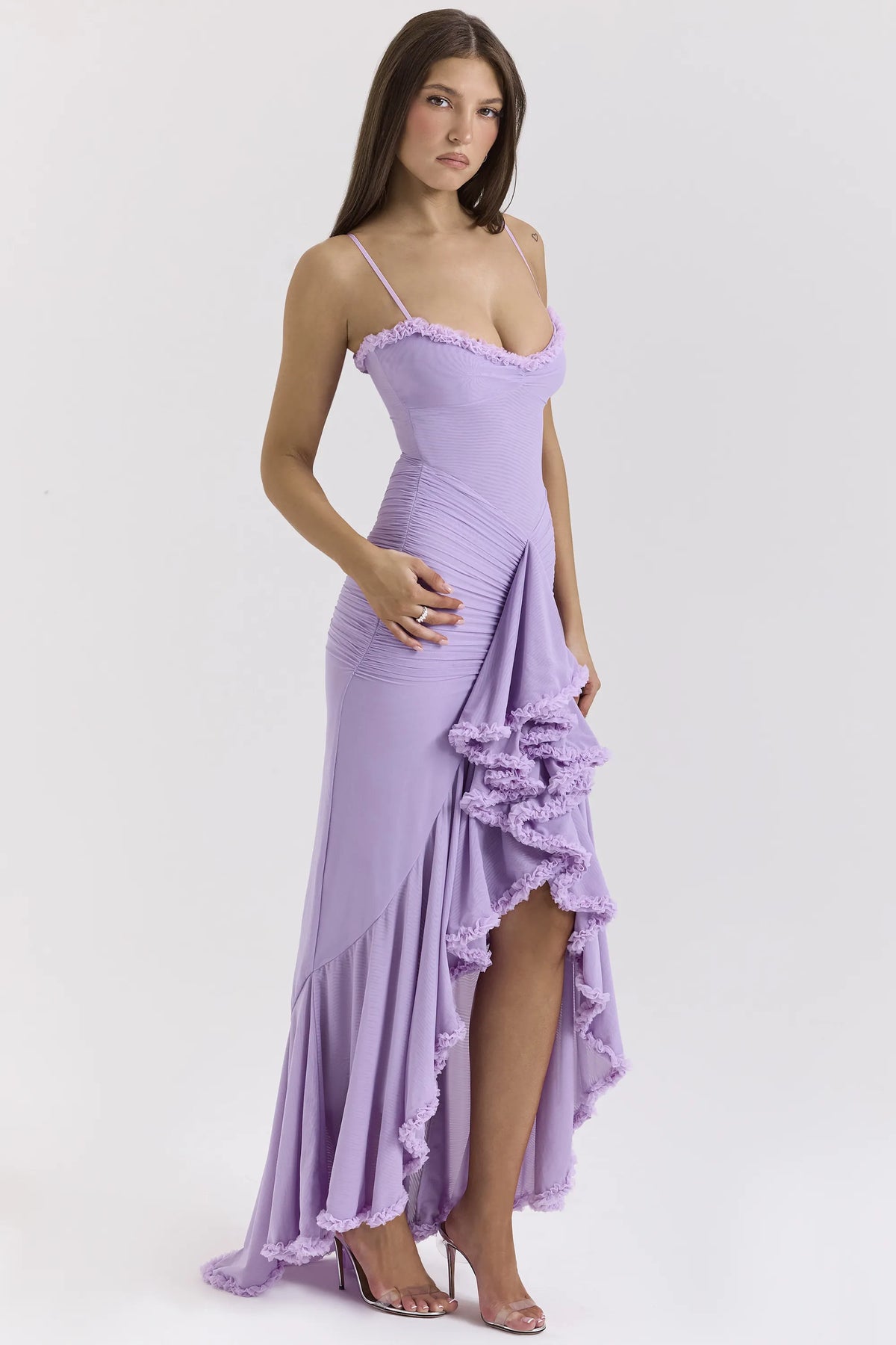 Gabbi Orchid Mesh Ruffled Front Gown