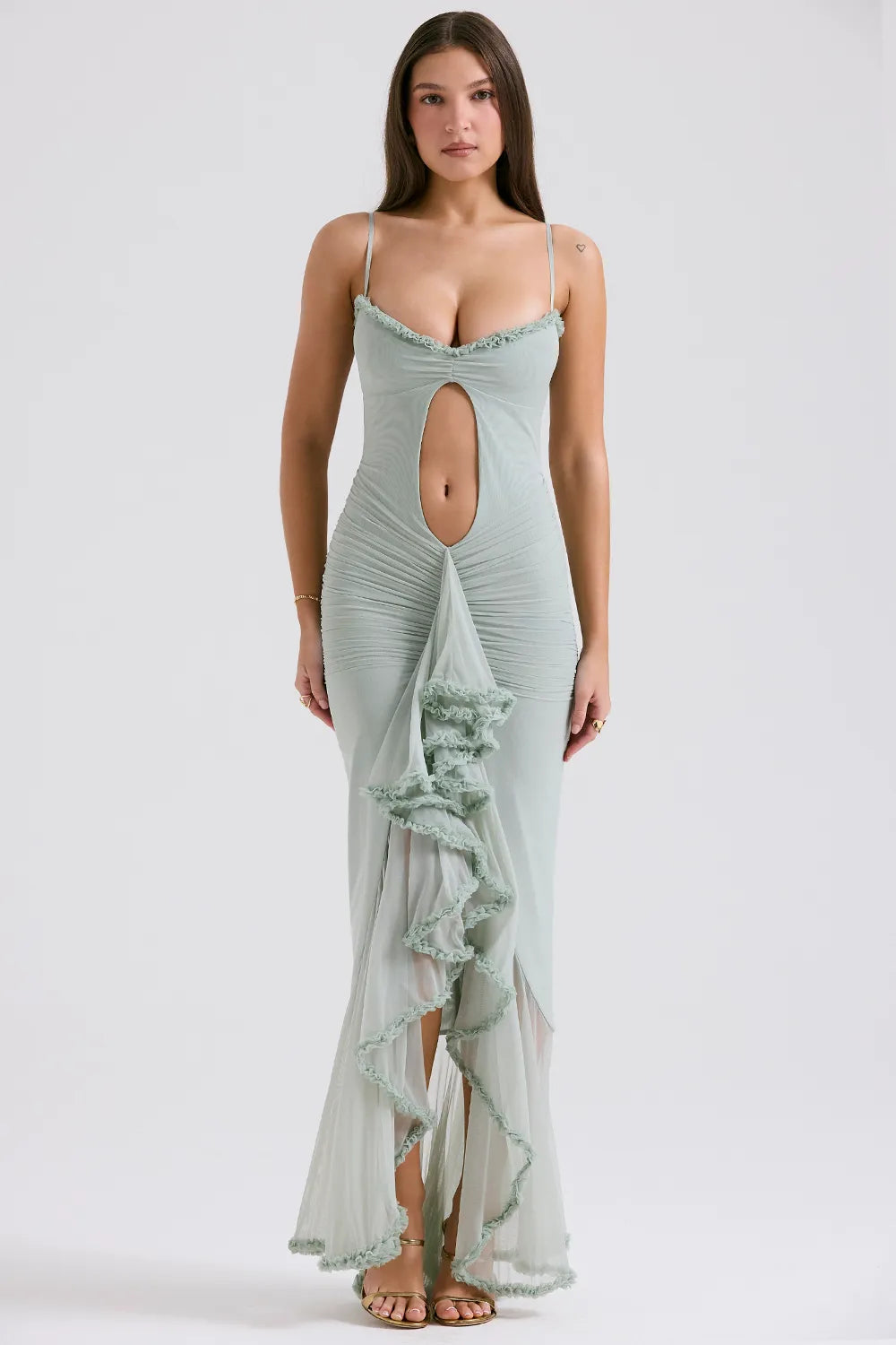 Gabriella Pistachio Ruffled Front Gown