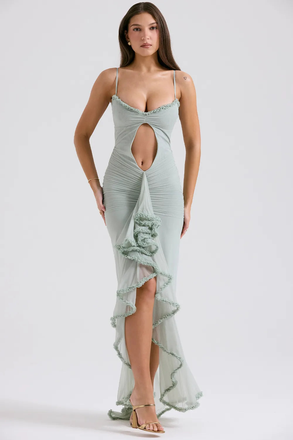 Gabriella Pistachio Ruffled Front Gown