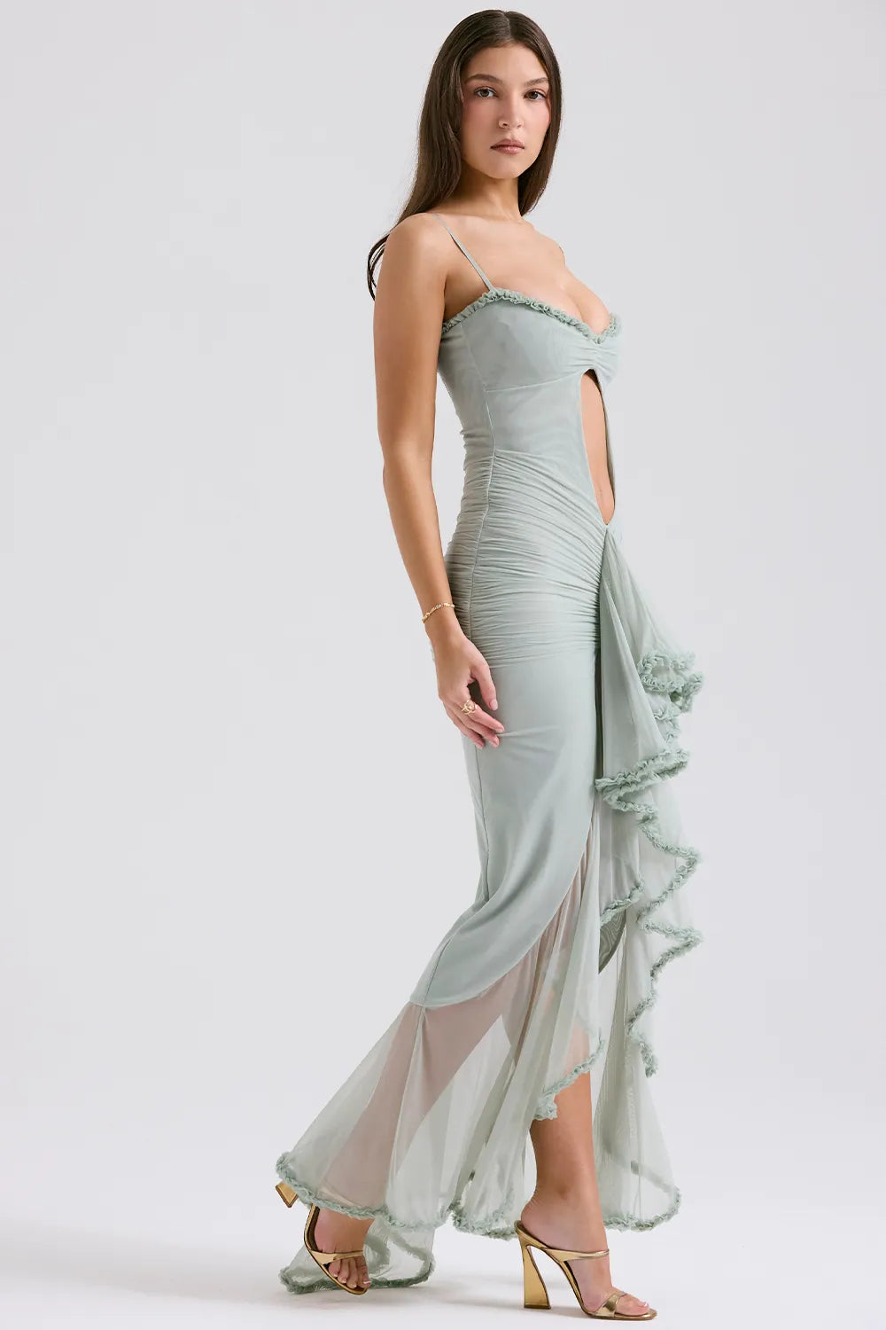 Gabriella Pistachio Ruffled Front Gown