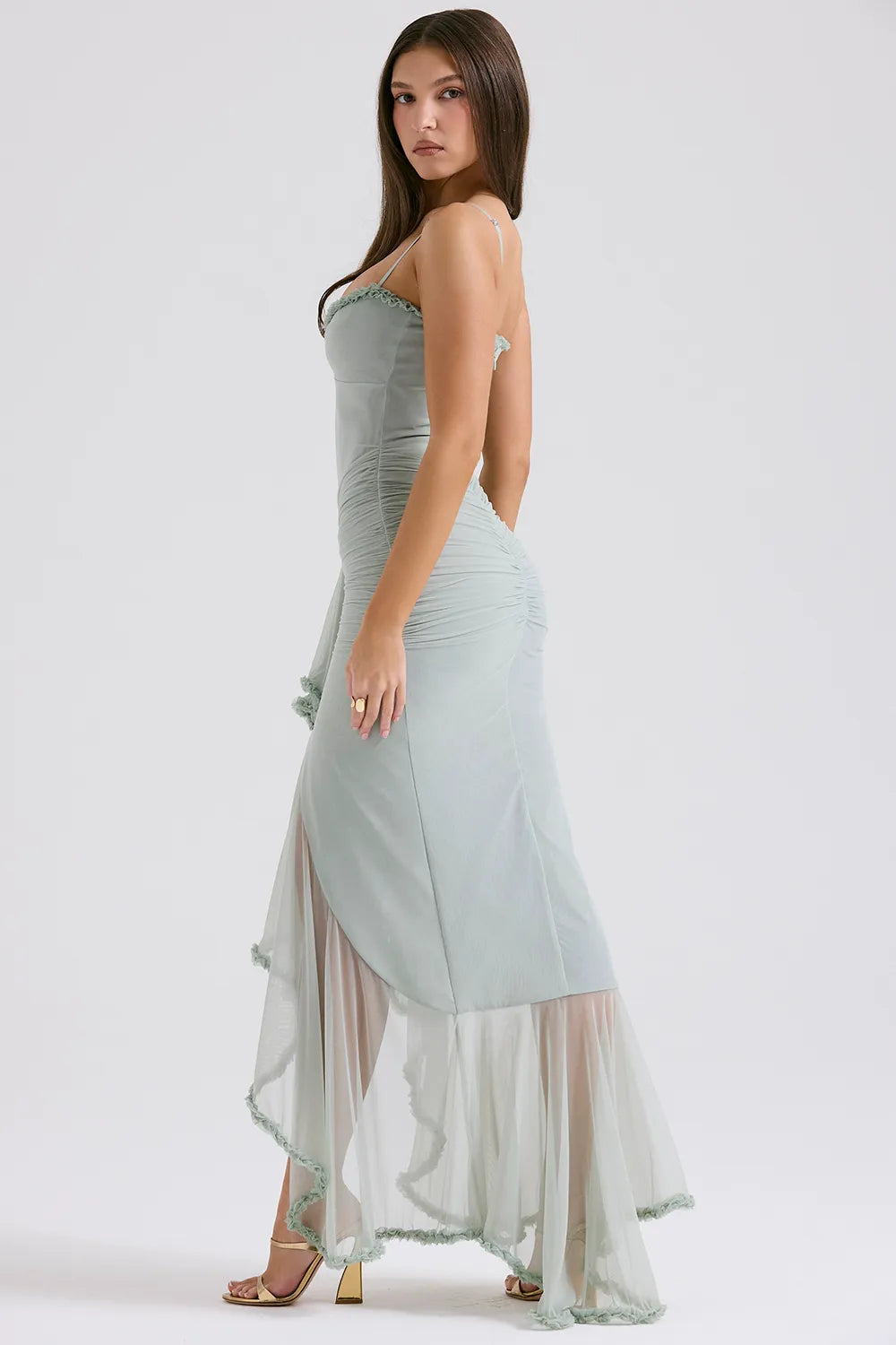 Gabriella Pistachio Ruffled Front Gown