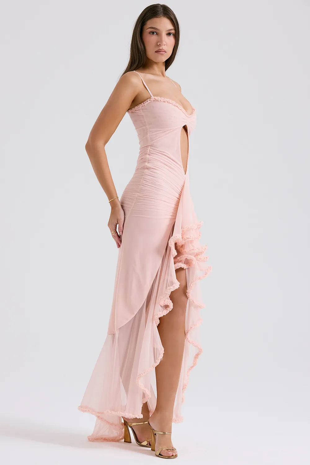 Gabriella Soft Peach Ruffled Front Gown