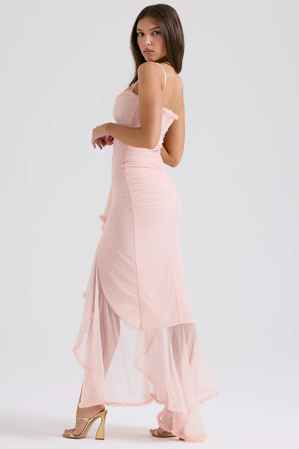 Gabriella Soft Peach Ruffled Front Gown