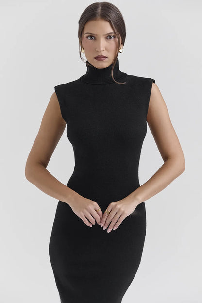 Gaia Black Cashmere Blend Turtle Neck Midi Dress