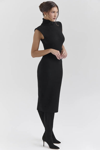 Gaia Black Cashmere Blend Turtle Neck Midi Dress