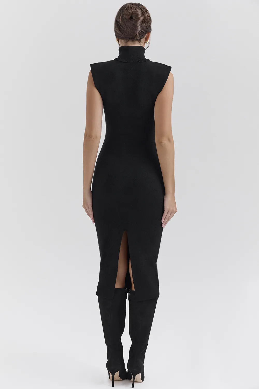 Gaia Black Cashmere Blend Turtle Neck Midi Dress
