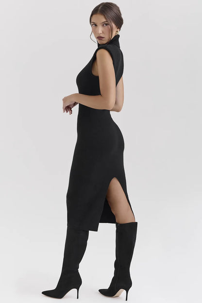 Gaia Black Cashmere Blend Turtle Neck Midi Dress