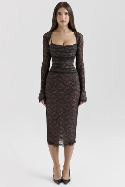 Gaia Black Lace Corset Midi Dress