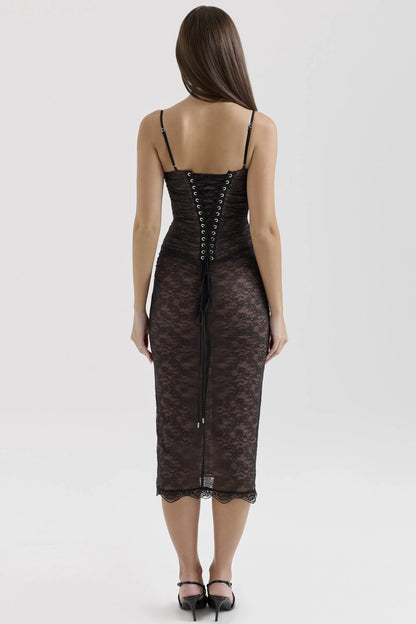 Gaia Black Lace Corset Midi Dress