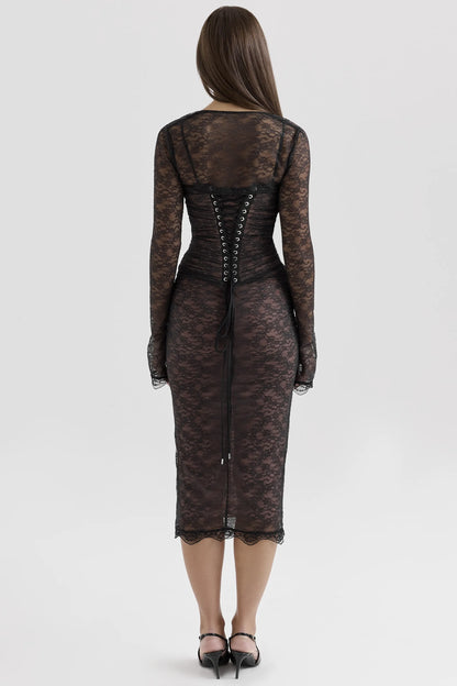 Gaia Black Lace Corset Midi Dress