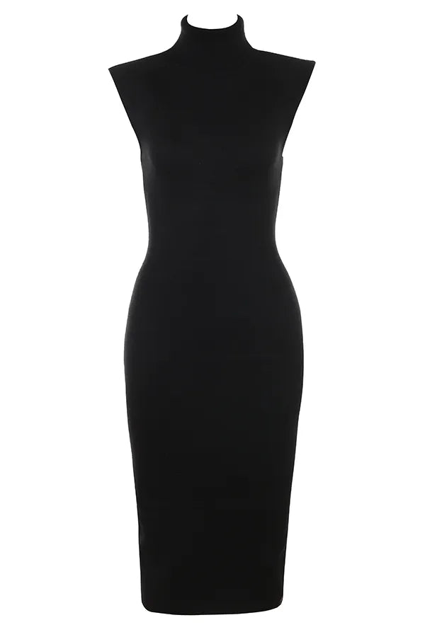 Gaia Black Cashmere Blend Turtle Neck Midi Dress