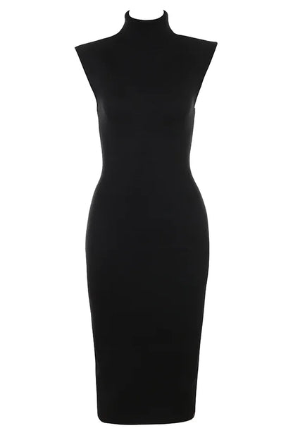 Gaia Black Cashmere Blend Turtle Neck Midi Dress