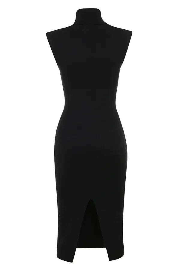 Gaia Black Cashmere Blend Turtle Neck Midi Dress