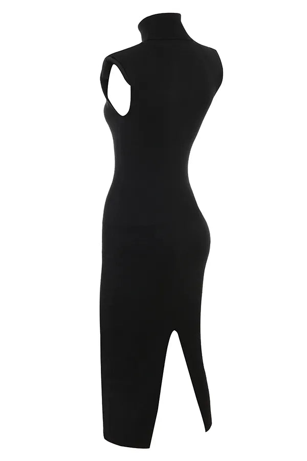 Gaia Black Cashmere Blend Turtle Neck Midi Dress
