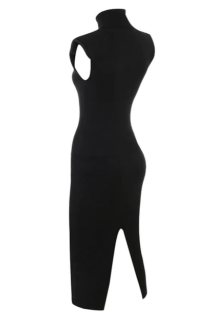 Gaia Black Cashmere Blend Turtle Neck Midi Dress