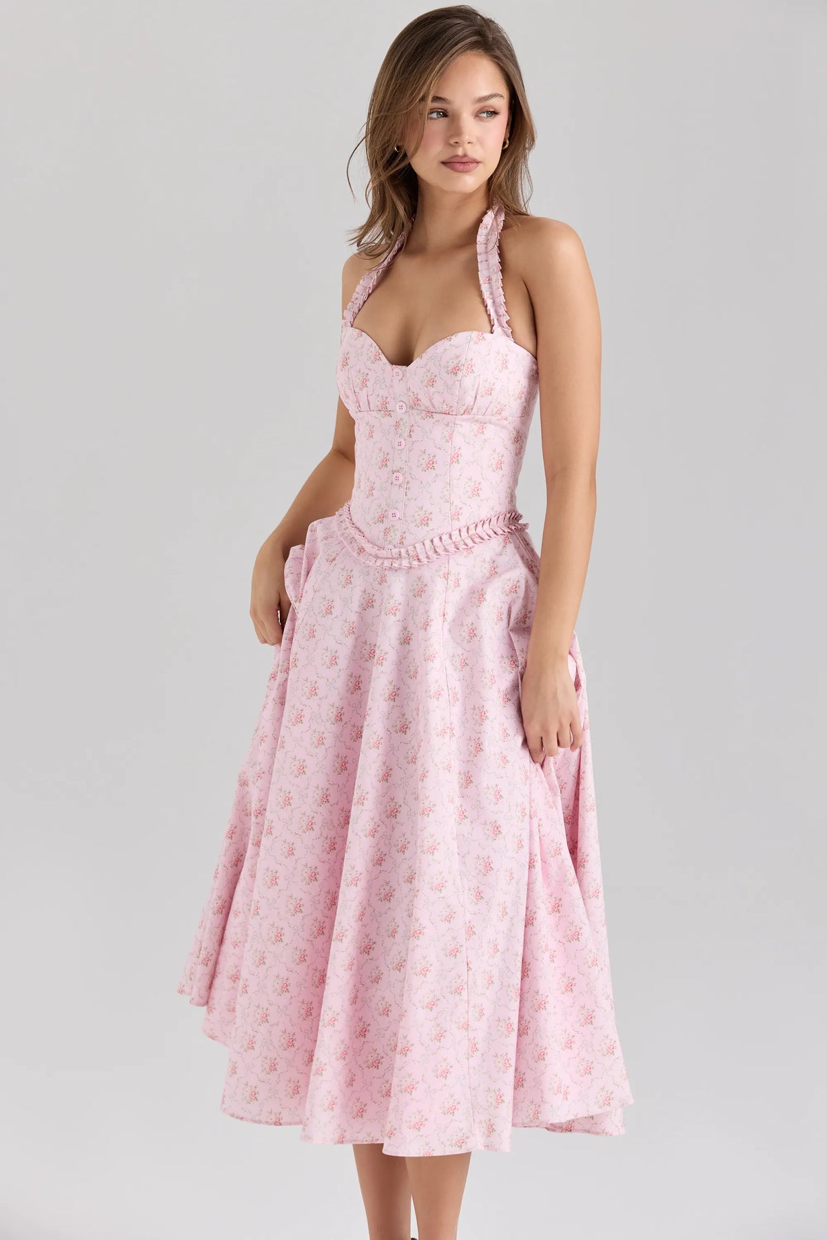 Georgie Pink Rose Print Stretch Cotton Halter Neck Midi Dress