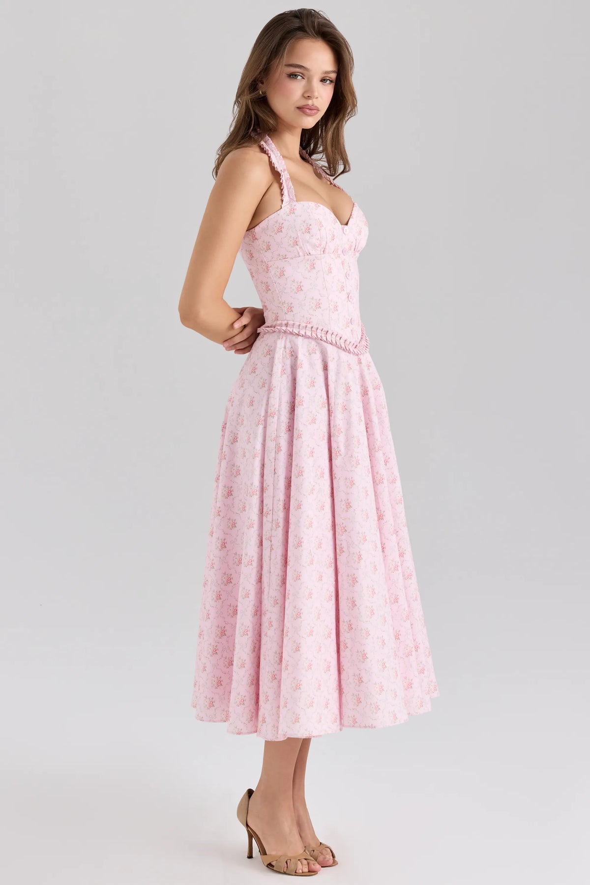Georgie Pink Rose Print Stretch Cotton Halter Neck Midi Dress