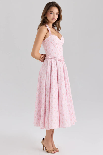 Georgie Pink Rose Print Stretch Cotton Halter Neck Midi Dress