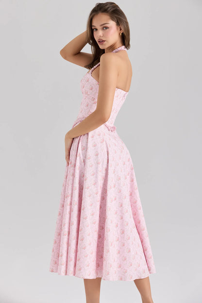 Georgie Pink Rose Print Stretch Cotton Halter Neck Midi Dress