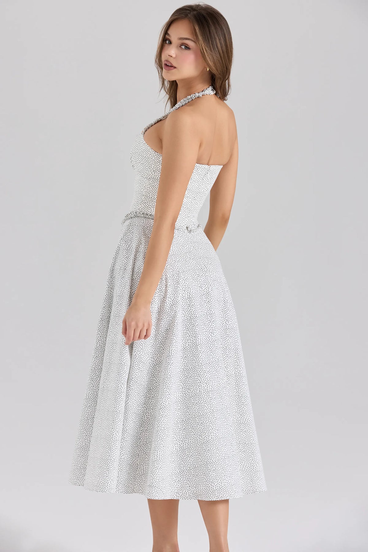 Georgie Cotton Halter Neck Polka Dot Print Midi Dress
