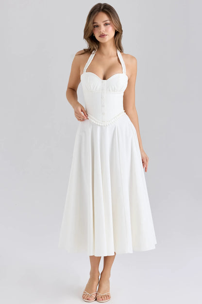 Georgie White Stretch Cotton Halter Neck Midi Dress
