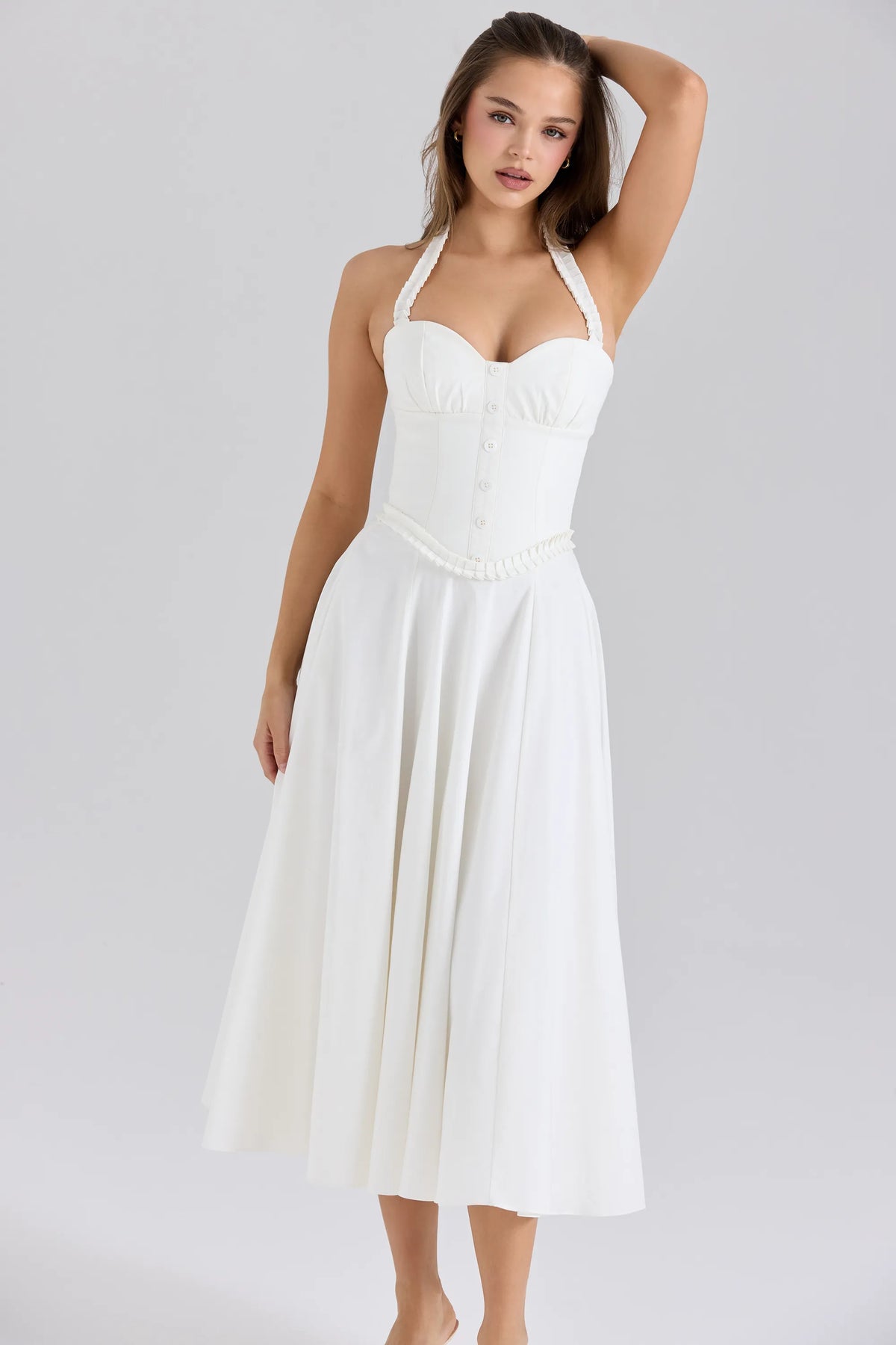 Georgie White Stretch Cotton Halter Neck Midi Dress