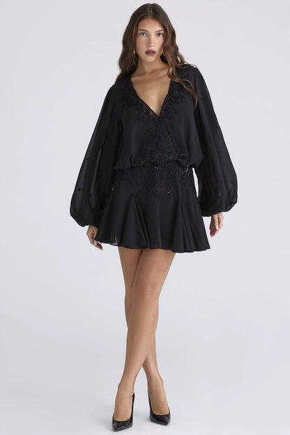 Gianna Black Hand Beaded Georgette Mini Dress - Limited Edition
