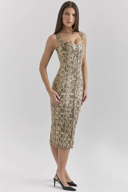 Gracie Snakeskin Print Vegan Leather Midi Dress