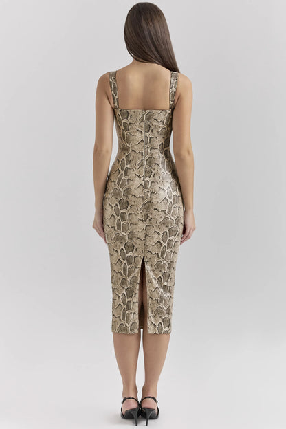 Gracie Snakeskin Print Vegan Leather Midi Dress