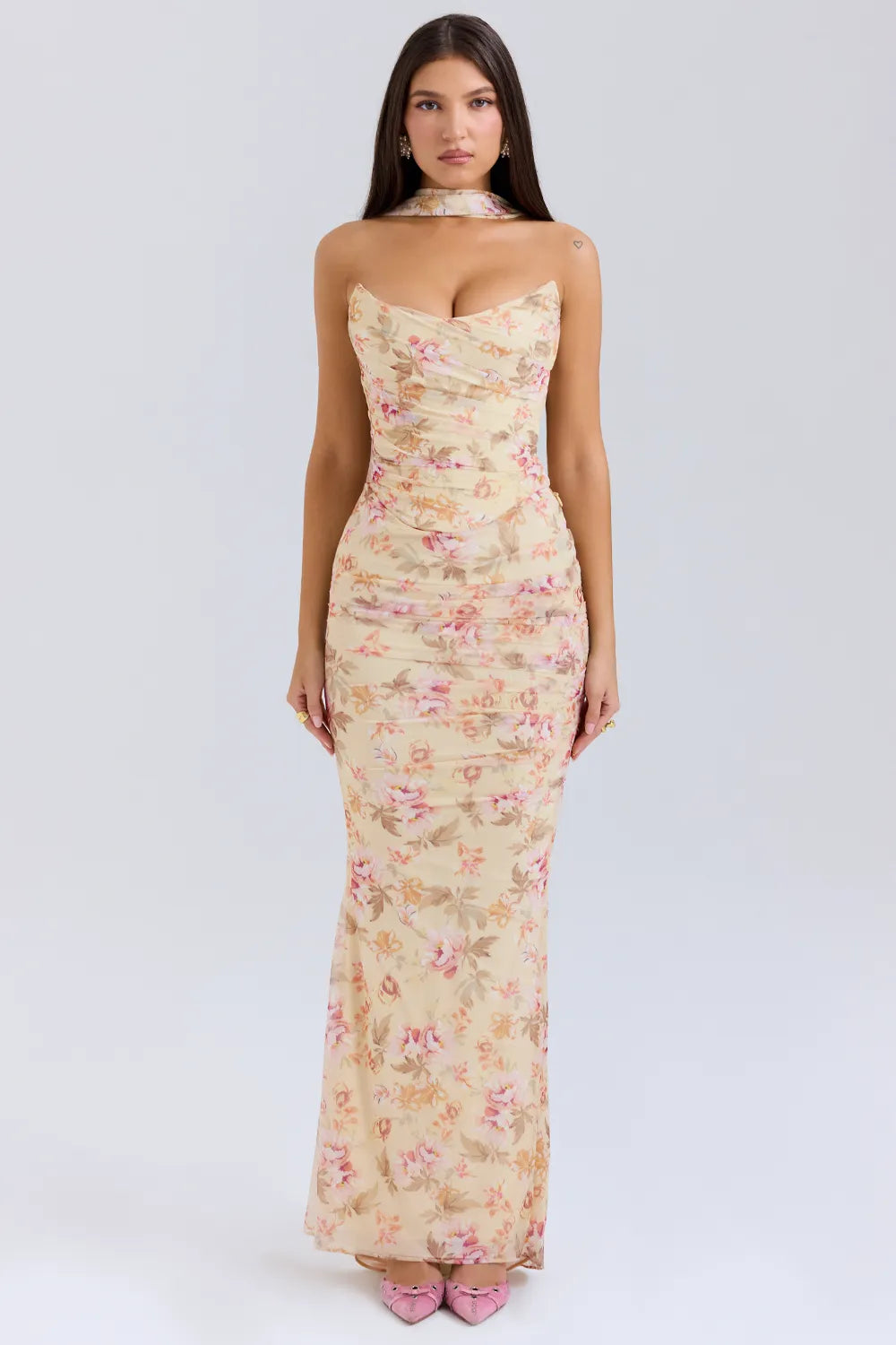 Hallie Honeyflower Print Strapless Corset With Neck Scarf