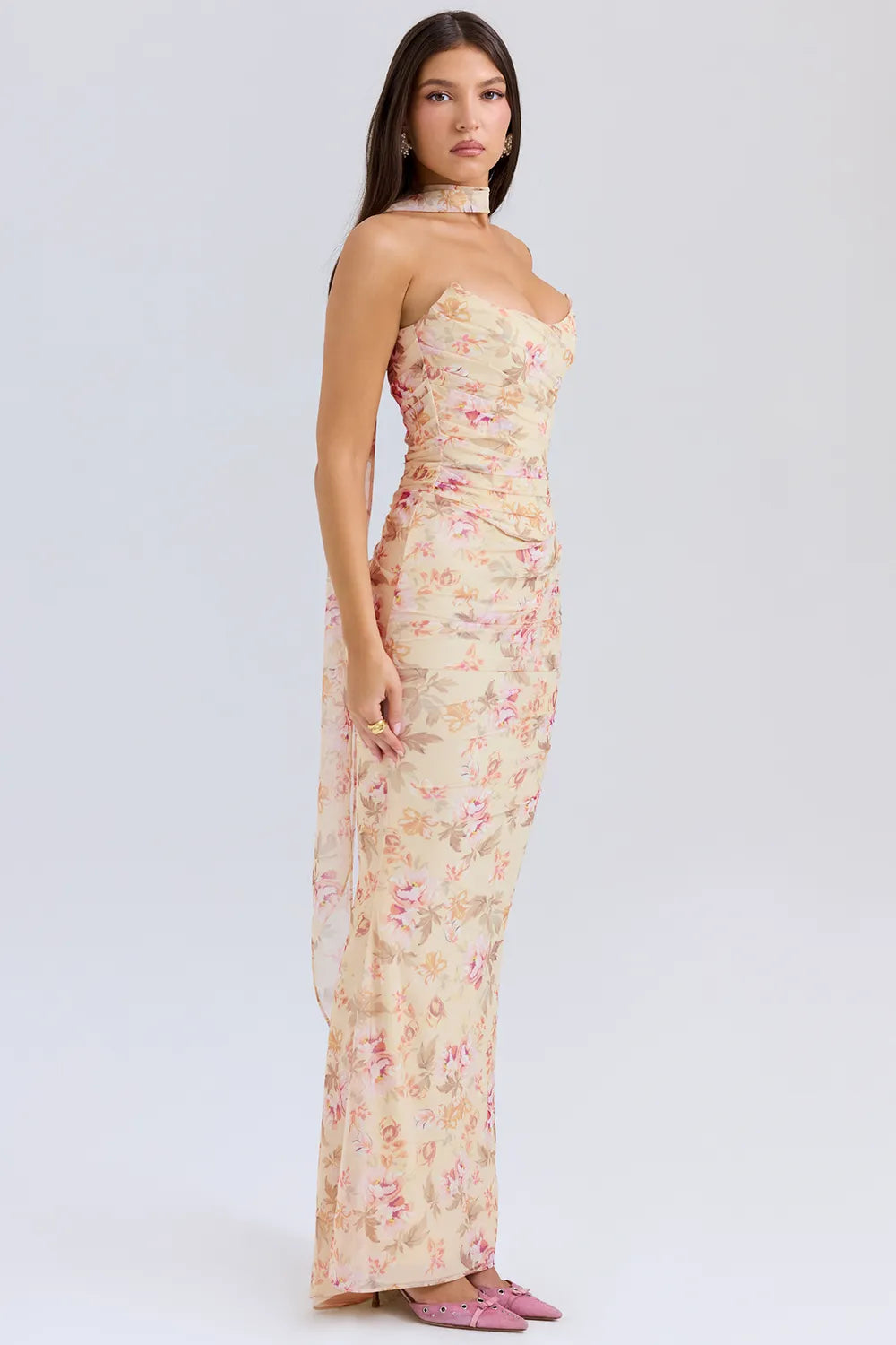 Hallie Honeyflower Print Strapless Corset With Neck Scarf
