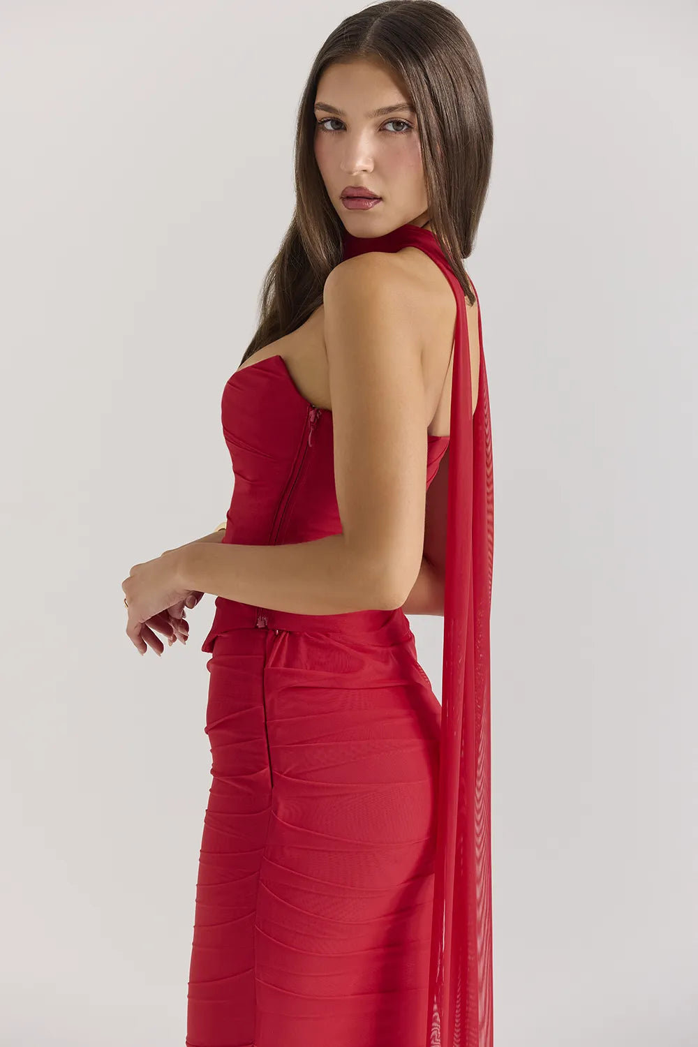 Hallie Holly Red Strapless Corset Top with Detachable Neck Scarf